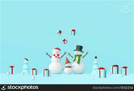 Merry Christmas and Happy New Year, Scene of Snowman celebrate Christmas gifts on a blue background, 3d rendering