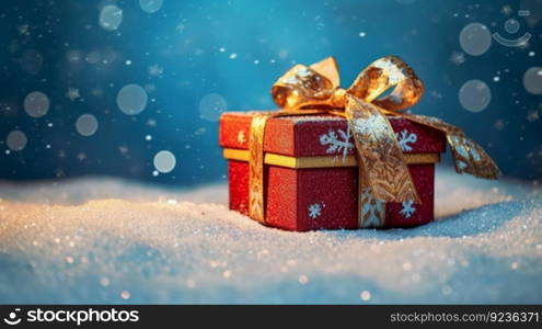 Merry Christmas background with gift box. Illustration Generative AI 