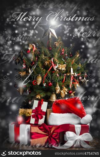 Merry christmas card. Merry christmas card with decorated christmas tree and gifts