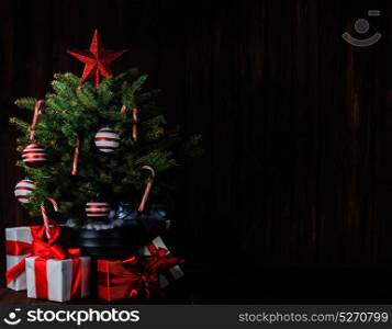 Merry christmas card. Merry christmas card with decorated christmas tree and gifts