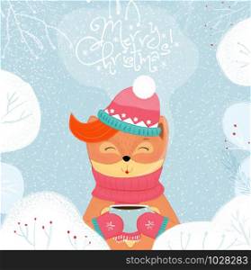 Merry Christmas card winter fox drinking hot tea. Kawaii baby fox in scarf, hat and mittens holding cup with hot beverage on snowy background. Cartoon flat vector hand drawn illustration scandinavian. Merry Christmas card winter fox drinking hot tea.