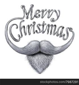Merry Christmas concept as a happy humorous greeting card message as a santa clause beard and mustache with long whiskers shaped as written text on a white background.