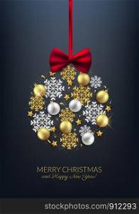 Merry Christmas decorative elements bauble snowflake bow, postcard, invitation, vector illustration