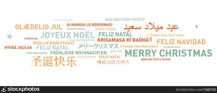Merry christmas from the world. Different languages celebration card. Merry christmas card from the world