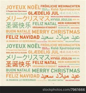 Merry christmas from the world. Different languages celebration vintage card. Merry christmas vintage card from the world