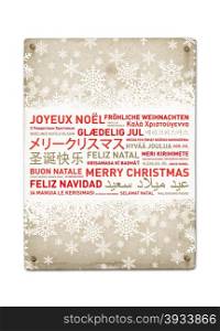 Merry christmas from the world. Different languages celebration vintage poster. Merry christmas vintage poster from the world