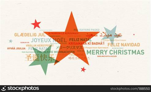 Merry christmas from the world on star background. Different languages celebration vintage card. Merry christmas vintage card from the world