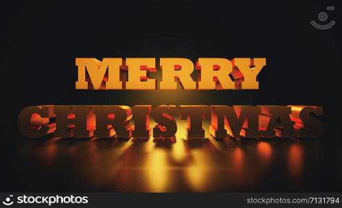 Merry Christmas, golden capitalized text, 3D rendering backdrop, computer generated text for holiday design. Merry Christmas, golden capitalized text, 3D rendering background, computer generated text for holiday design
