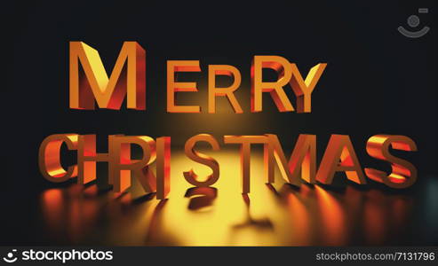 Merry Christmas, golden capitalized text, 3D rendering backdrop, computer generated text for holiday design. Merry Christmas, golden capitalized text, 3D rendering background, computer generated text for holiday design