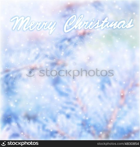 Merry Christmas greeting card background, beautiful blur abstract background with text space, coniferous tree branch covered with hoar frost, selective focus on the text
