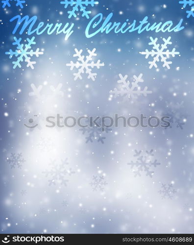 Merry Christmas greeting card, beautiful blue snowflakes border on blurry background with text space, postcard with best wishes for winter holidays