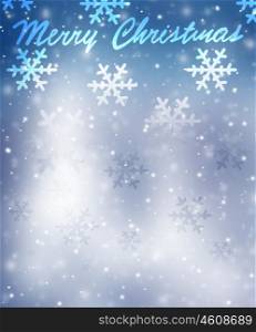 Merry Christmas greeting card, beautiful blue snowflakes border on blurry background with text space, postcard with best wishes for winter holidays