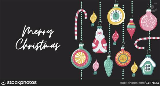 Merry Christmas!. Greeting card. Stylized Christmas decorations on black background. Vector hand drawn textured unique illustration.. Festive Christmas and new year greeting card. merry Christmas.