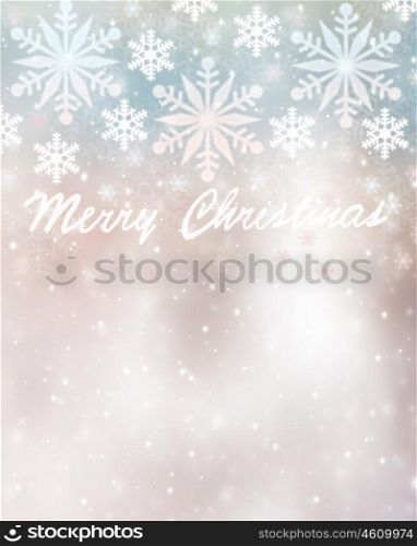 Merry Christmas greeting card with best wishes, falling snowflakes on blurry blue and pink background, text space, wintertime holidays