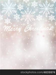 Merry Christmas greeting card with best wishes, falling snowflakes on blurry blue and pink background, text space, wintertime holidays