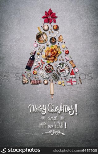 Merry Christmas greeting card with Christmas tree made with various Christmas foods for Christmas dinner