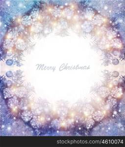 Merry Christmas greeting card with text space, beautiful blue traditional Xmas wreath on white background, happy holidays concept