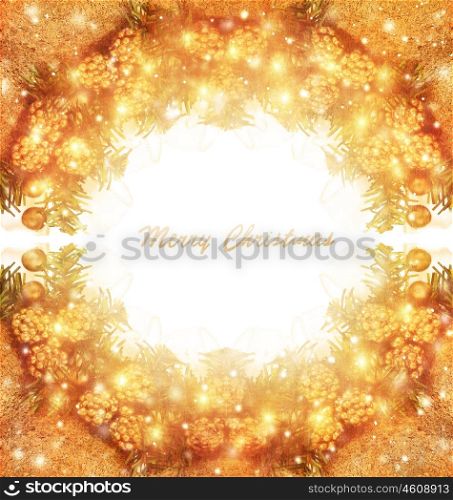 Merry Christmas greeting card with text space, beautiful golden traditional Xmas wreath on white background, happy holidays concept