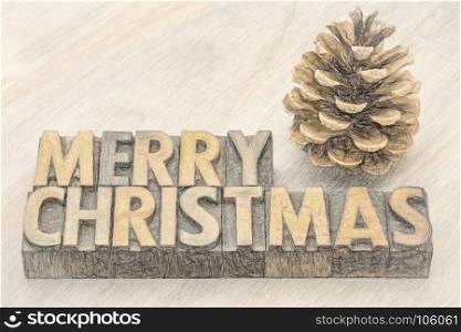 Merry Christmas greeting card - word abstract in vintage letterpress wood type with a pine cone, a digital painitng filter applied