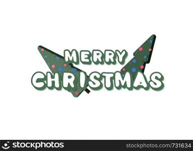 Merry Christmas inscription isolated on white background. Handwritten lettering with christmas trees for holiday design. Vector illustration.