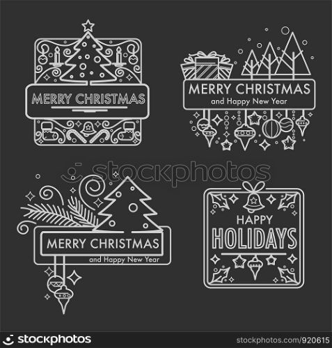 Merry Christmas monochrome sketches with gifts and symbols vector. Winter holiday signs, bells and toys, homemade cookies, xmas pastry and presents. Pine tree decorated with glowing garlands. Merry Christmas monochrome sketches with gifts and symbols vector.