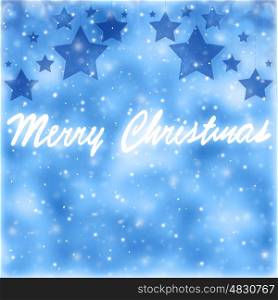 Merry Christmas postcard, handwriting text on blue abstract background, festive wallpaper, wintertime holidays concept