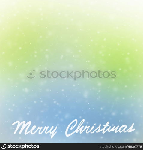 Merry Christmas postcard, handwriting text over green blue background, festive greeting card, winter holidays