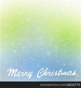 Merry Christmas postcard, handwriting text over green blue background, festive greeting card, winter holidays