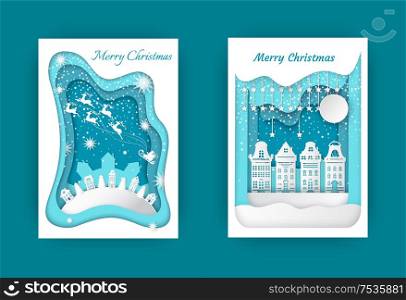 Merry Christmas postcards hills, houses and spruces, Santa Claus and reindeers in sky, winter landscapes on paper cut postcards, vector city silhouette. Merry Christmas Postcards Hills, Houses, Spruces