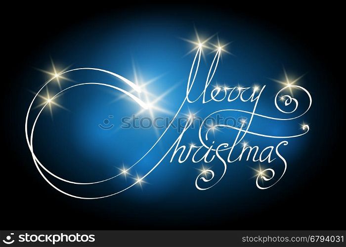 Merry Christmas poster with hand lettering and glowing stars. Vector illustration.