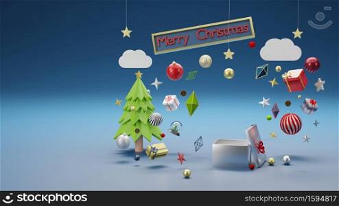 Merry Christmas present giftbox open or unbox, winter holidays concept, 3D render illustration
