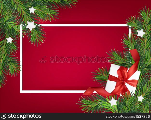 Merry Christmas red background vector illustration, with a Mesh gift box and white wooden stars. Christmas Greeting Card with place for text.. Merry Christmas red background vector illustration, with a Mesh gift box and white wooden stars. Christmas Greeting Card with place for text