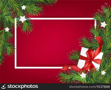 Merry Christmas red background vector illustration, with a Mesh gift box and white wooden stars. Christmas Greeting Card with place for text.. Merry Christmas red background vector illustration, with a Mesh gift box and white wooden stars. Christmas Greeting Card with place for text