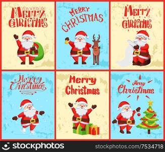Merry Christmas Santa Claus decorating evergreen pine tree vector. Polar reindeer and winter character with sack of presents, gifts, man reading lists. Merry Christmas Santa Claus Decorating Pine Tree