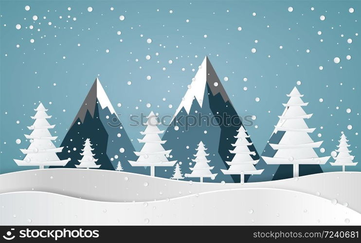 Merry christmas,Santa Claus Driving in a Sledge,Snow forest. pines in winter and mountain Paper vector Illustration