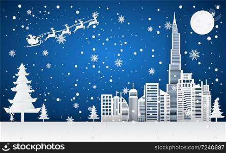 Merry christmas,Santa Claus Driving in a Sledge,Snow forest. pines in winter and mountain Paper vector Illustration