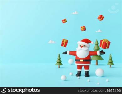 Merry Christmas, Santa Claus enjoying with christmas gifts on a blue background, 3d rendering