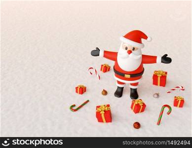 Merry Christmas, Santa Claus standing with gifts and Christmas ornaments on a snow ground, 3d rendering