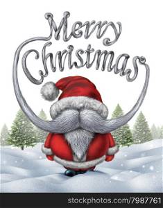 Merry christmas santa clause inscription as a funny santa with a white beard and mustache shaped as festive winter holiday typography text on a snow background with pine trees.