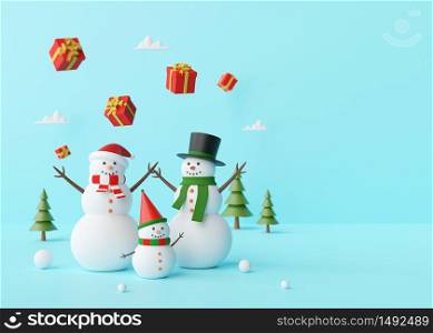 Merry Christmas, Snowman enjoying with christmas gifts on a blue background, 3d rendering