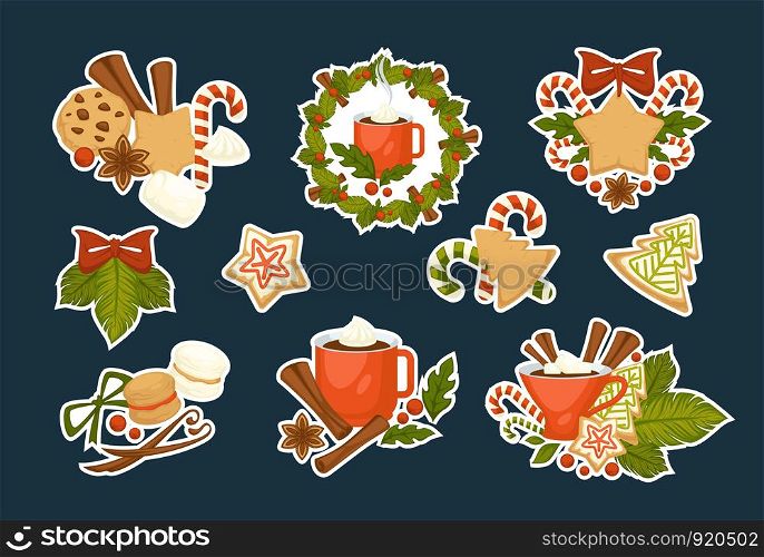 Merry Christmas symbols of happy winter holiday set vector cinnamon sticks and gingerbread cookies made of gingerbread wreath from mistletoe and pine cup with hot chocolate and melting marshmallow.. Merry Christmas symbols of happy winter holiday set