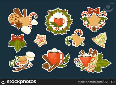 Merry Christmas symbols of happy winter holiday set vector cinnamon sticks and gingerbread cookies made of gingerbread wreath from mistletoe and pine cup with hot chocolate and melting marshmallow.. Merry Christmas symbols of happy winter holiday set