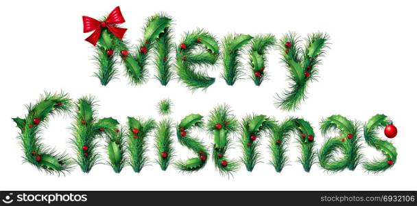 Merry Christmas text as a winter seasonal holiday symbol with lettering made out of ornaments and season decoratrions isolated on a white background.