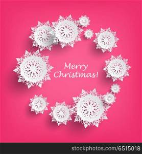 Merry Christmas Vector Concept in Flat Design. Merry Christmas vector concept. Flat design. Circle of white paper snowflakes on pink background with text. Winter holidays celebrating. For greeting cards, party invitations, web ad design