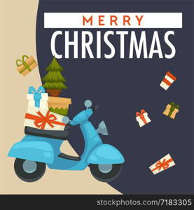 Merry Christmas winter holiday preparation, scooter with presents and pine vector. Evergreen symbolic tree, gifts in box decorated with bows and ribbons laces. Seasonal purchases and traditions. Merry Christmas winter holiday preparation, scooter with presents vector