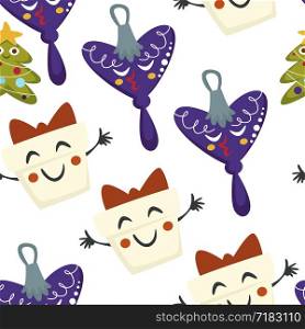 Merry Christmas, winter holidays cute symbolic characters vector seamless pattern. Xmas cartoons, Santa Claus and snowman with broom wearing hat. Present and gingerbread man, fir and wreath, girl angel with wings. Merry Christmas, winter holidays cute symbolic characters vector seamless pattern.