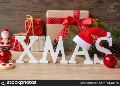 Merry Christmas with decoration on table. Xmas eve, party, holiday and happy New Year concept