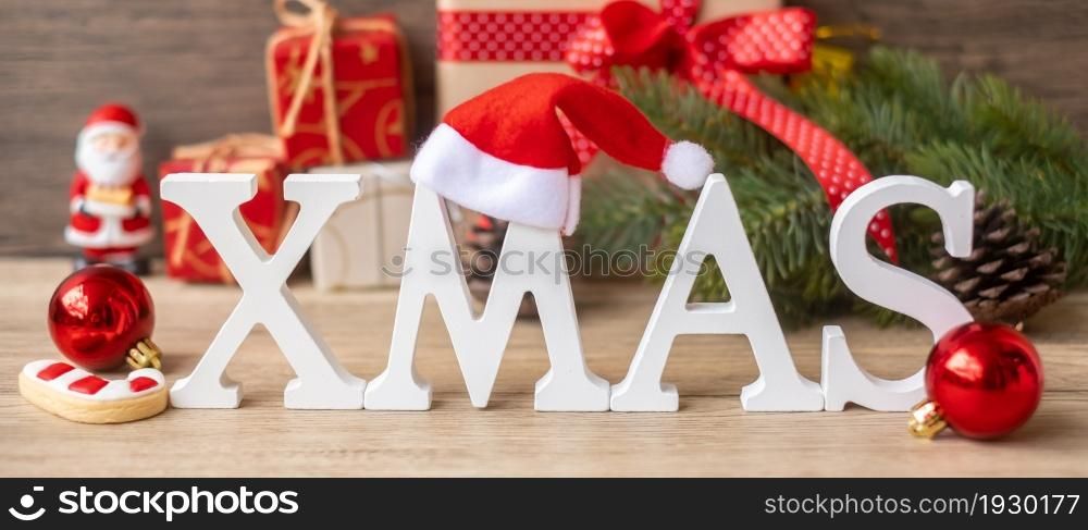 Merry Christmas with decoration on table. Xmas eve, party, holiday and happy New Year concept