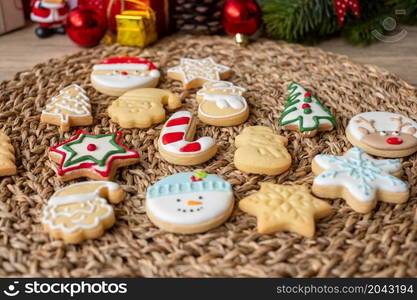 Merry Christmas with homemade cookies on wood table background. Xmas, party, holiday and happy New Year concept