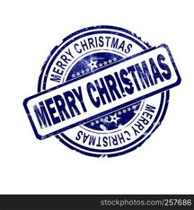 Merry christmas word with blue round stamp, 3D rendering